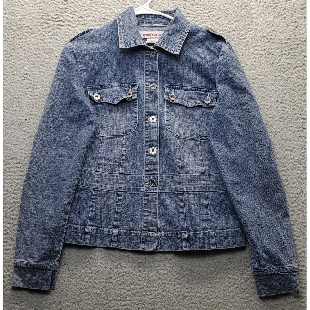 Hydraulic Denim Trucker Jacket Womens M Blue Stretch Cinch Waist Button Front